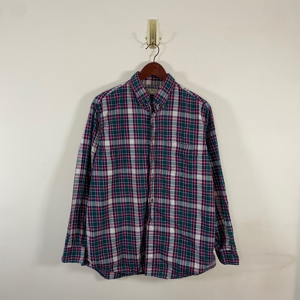 Vintage L.L. Bean Plaid Button Up Shirt Red Green Large Cotton‎ USA Made Classic